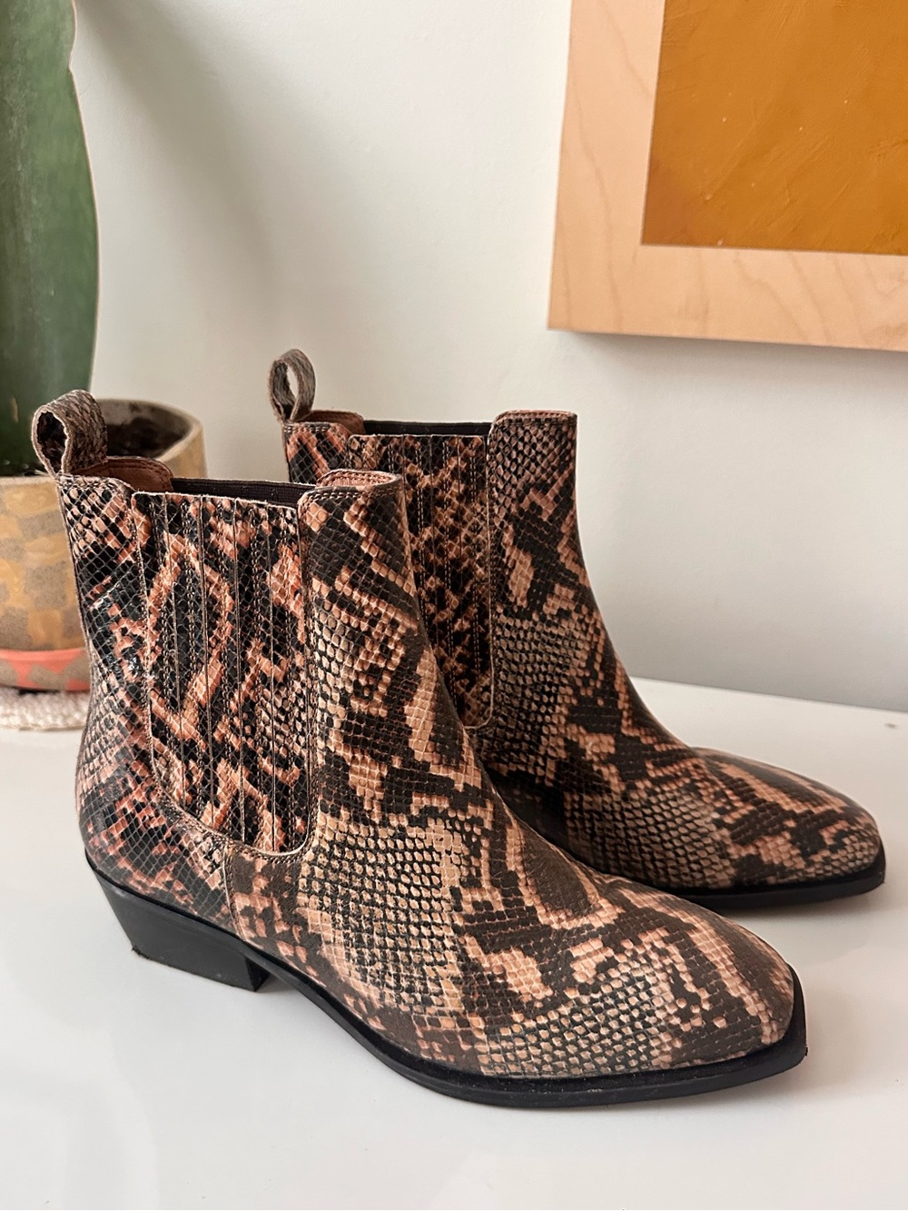 Seychelles Snake-Print Chelsea Ankle Boots in Brown and Black